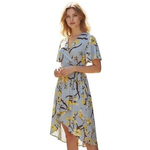 Angie Magnolia Womens Wrap Dress Medium‎ Blue Floral Asymmetric Hem Slit Sleeve